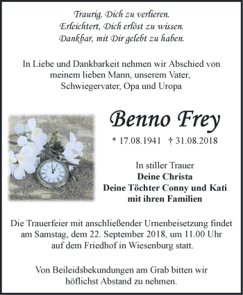 Traueranzeige von Benno Frey von Märkische Oderzeitung