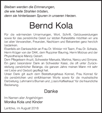 Traueranzeige von Bernd Kola von Märkische Oderzeitung