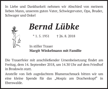 Traueranzeige von Bernd Lübke von Märkische Oderzeitung