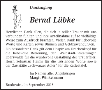 Traueranzeige von Bernd Lübke von Märkische Oderzeitung