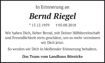 Traueranzeige von Bernd Riegel von Märkische Oderzeitung