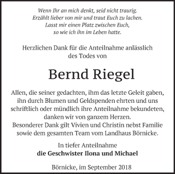 Traueranzeige von Bernd Riegel von Märkische Oderzeitung