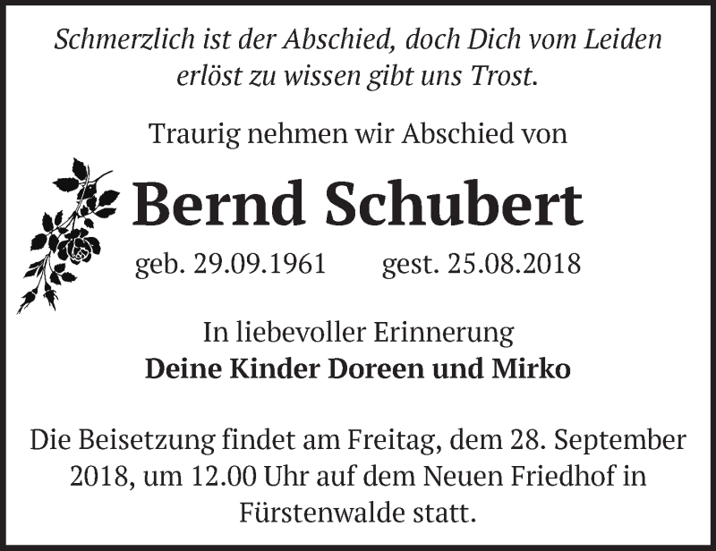 Traueranzeigen Von Bernd Schubert | Märkische Onlinezeitung Trauerportal