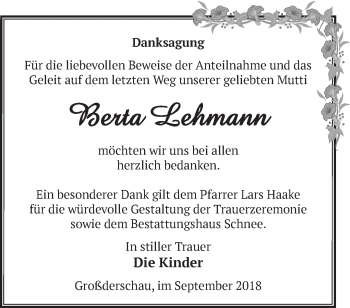 Traueranzeige von Berta Lehmann von Märkische Oderzeitung