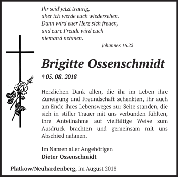 Traueranzeige von Brigitte Ossenschmidt von Märkische Oderzeitung