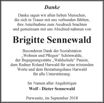 Traueranzeige von Brigitte Sennewald von Märkische Oderzeitung