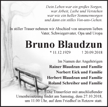 Traueranzeige von Bruno Blaudzun von Märkische Oderzeitung