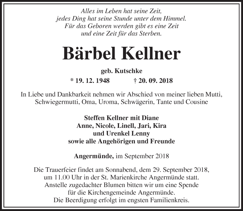  Traueranzeige für Bärbel Kellner vom 22.09.2018 aus Märkische Oderzeitung