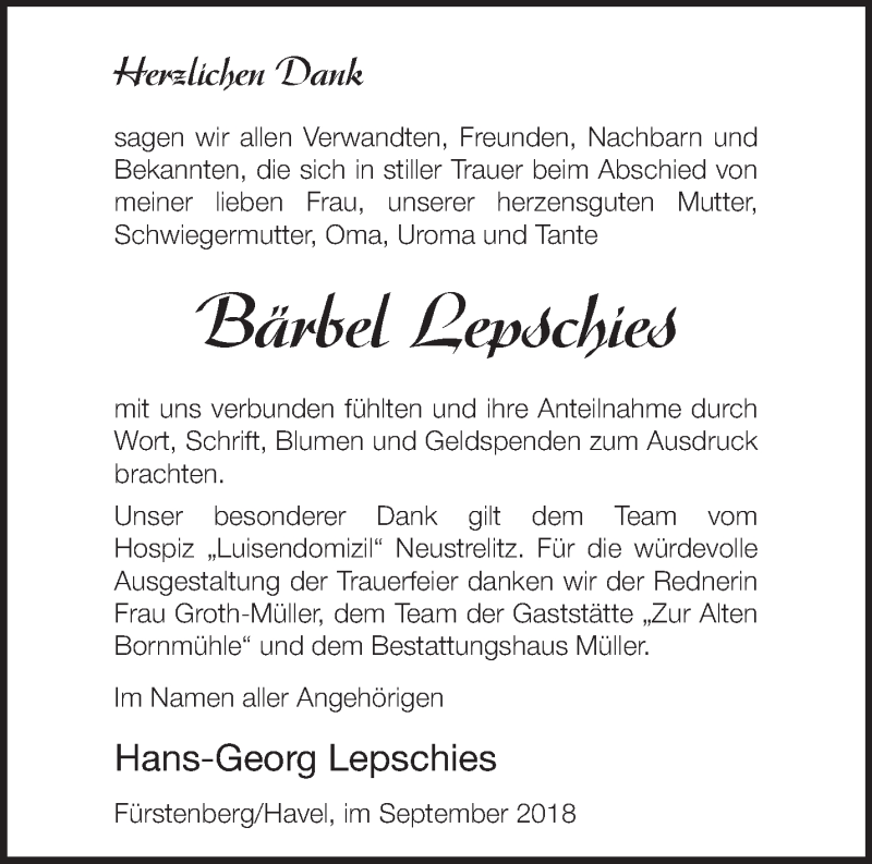  Traueranzeige für Bärbel Lepschies vom 15.09.2018 aus Märkische Oderzeitung