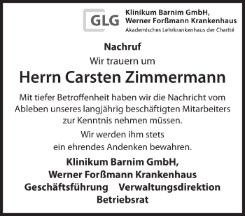 Traueranzeige von Carsten Zimmermann von Märkische Oderzeitung