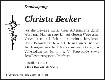 Traueranzeige von Christa Becker von Märkische Oderzeitung