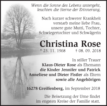 Traueranzeige von Christina Rose von Märkische Oderzeitung