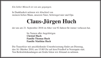 Traueranzeige von Claus-Jürgen Huch von Märkische Oderzeitung