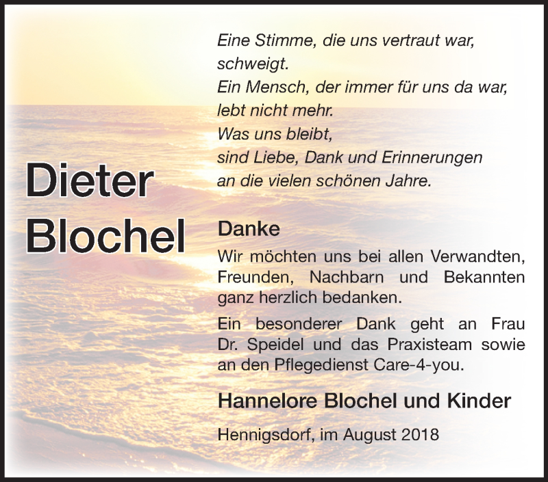  Traueranzeige für Dieter Blochel vom 01.09.2018 aus Märkische Oderzeitung