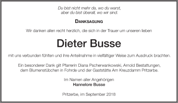 Traueranzeige von Dieter Busse von Märkische Oderzeitung