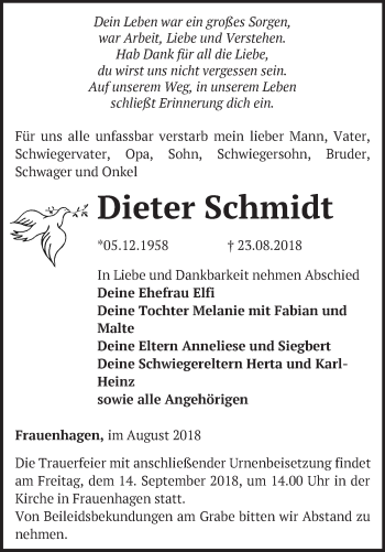 Traueranzeige von Dieter Schmidt von Märkische Oderzeitung