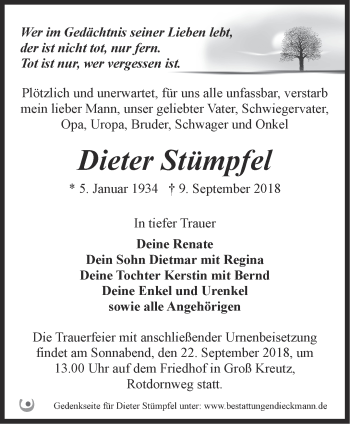 Traueranzeige von Dieter Stümpfel von Märkische Oderzeitung