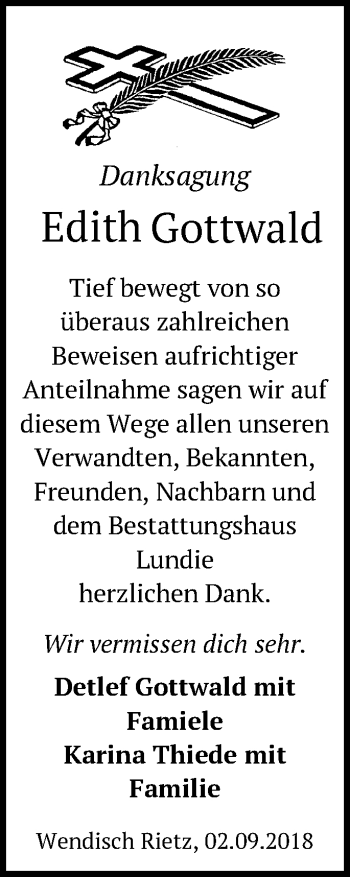 Traueranzeige von Edith Gottwald von Märkische Oderzeitung