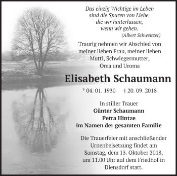 Traueranzeige von Elisabeth Schaumann von Märkische Oderzeitung