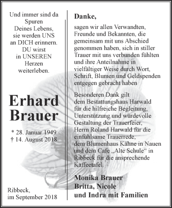 Traueranzeige von Erhard Brauer von Märkische Oderzeitung