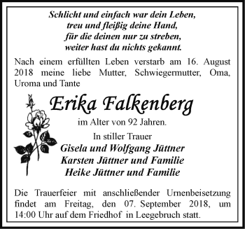 Traueranzeige von Erika Falkenberg von Märkische Oderzeitung