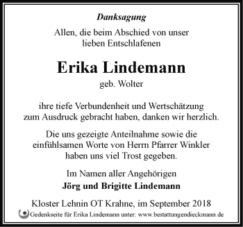 Traueranzeige von Erika Lindemann von Märkische Oderzeitung
