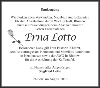 Traueranzeige von Erna Lotto von Märkische Oderzeitung