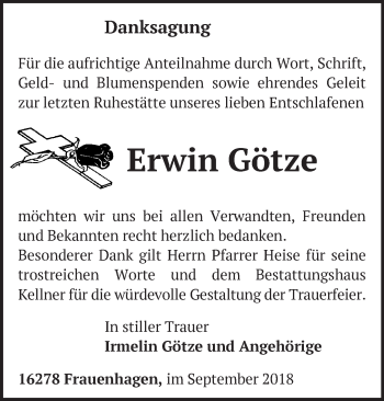 Traueranzeige von Erwin Götze von Märkische Oderzeitung