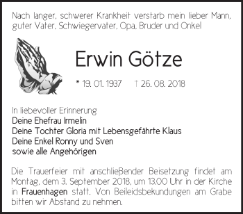 Traueranzeige von Erwin Götze von Märkische Oderzeitung