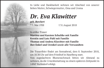 Traueranzeige von Eva Klawitter von Märkische Oderzeitung