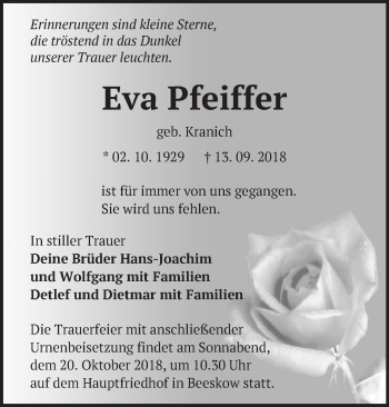 Traueranzeige von Eva Pfeiffer von Märkische Oderzeitung
