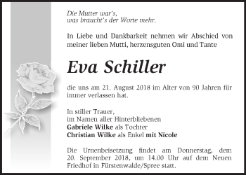 Traueranzeige von Eva Schiller von Märkische Oderzeitung
