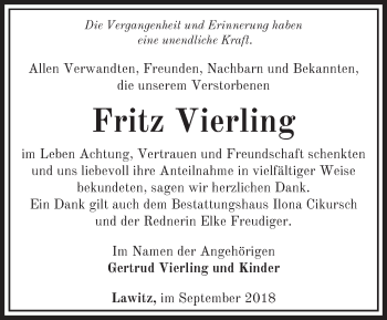 Traueranzeige von Fritz Vierling von Märkische Oderzeitung