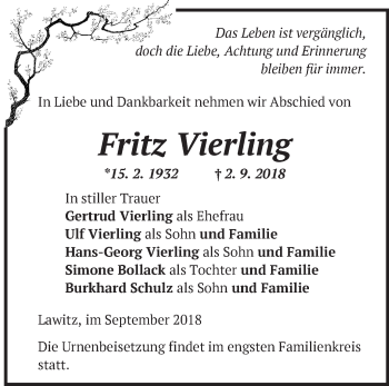 Traueranzeige von Fritz Vierling von Märkische Oderzeitung