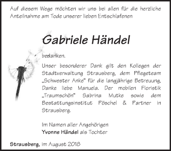 Traueranzeige von Gabriele Händel von Märkische Oderzeitung