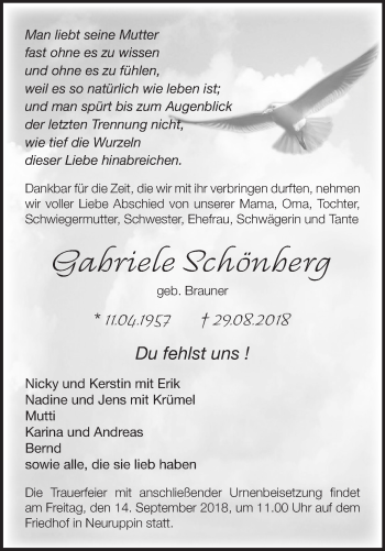 Traueranzeige von Gabriele Schönberg von Märkische Oderzeitung