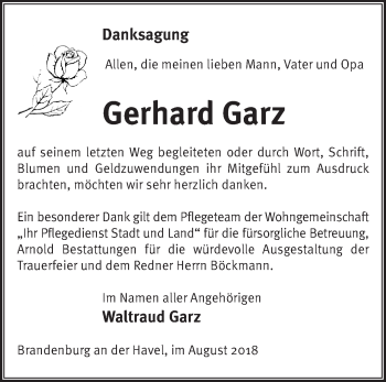 Traueranzeige von Gerhard Garz von Märkische Oderzeitung