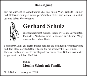 Traueranzeige von Gerhard Schulz von Märkische Oderzeitung