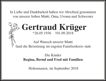 Traueranzeige von Gertraud Krüger von Märkische Oderzeitung