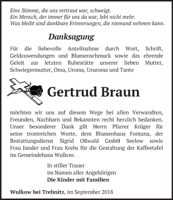 Traueranzeige von Gertrud Braun von Märkische Oderzeitung