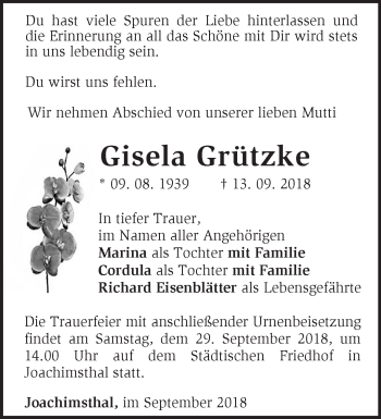 Traueranzeige von Gisela Grützke von Märkische Oderzeitung