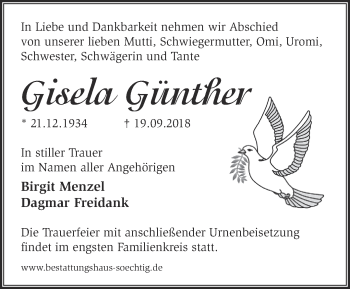 Traueranzeige von Gisela Günther von Märkische Oderzeitung