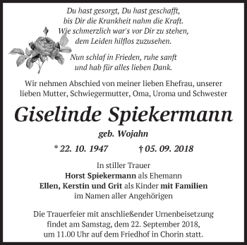 Traueranzeige von Giselinde Spiekermann von Märkische Oderzeitung