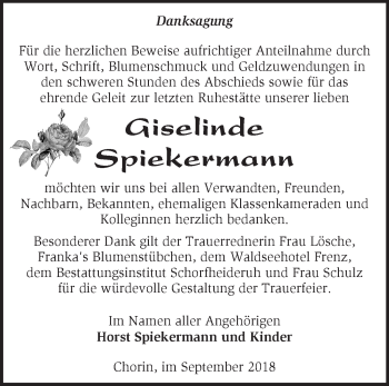 Traueranzeige von Giselinde Spiekermann von Märkische Oderzeitung