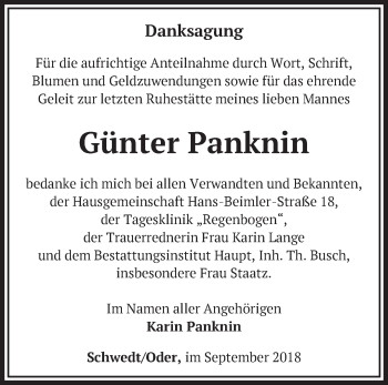 Traueranzeige von Günter Panknin von Märkische Oderzeitung