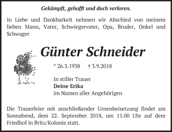 Traueranzeige von Günter Schneider von Märkische Oderzeitung