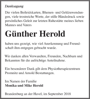 Traueranzeige von Günther Herold von Märkische Oderzeitung