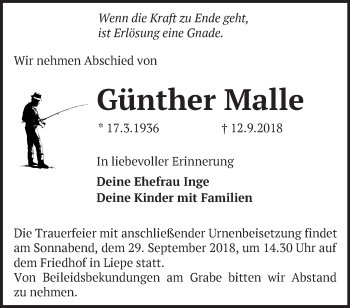 Traueranzeige von Günther Malle von Märkische Oderzeitung