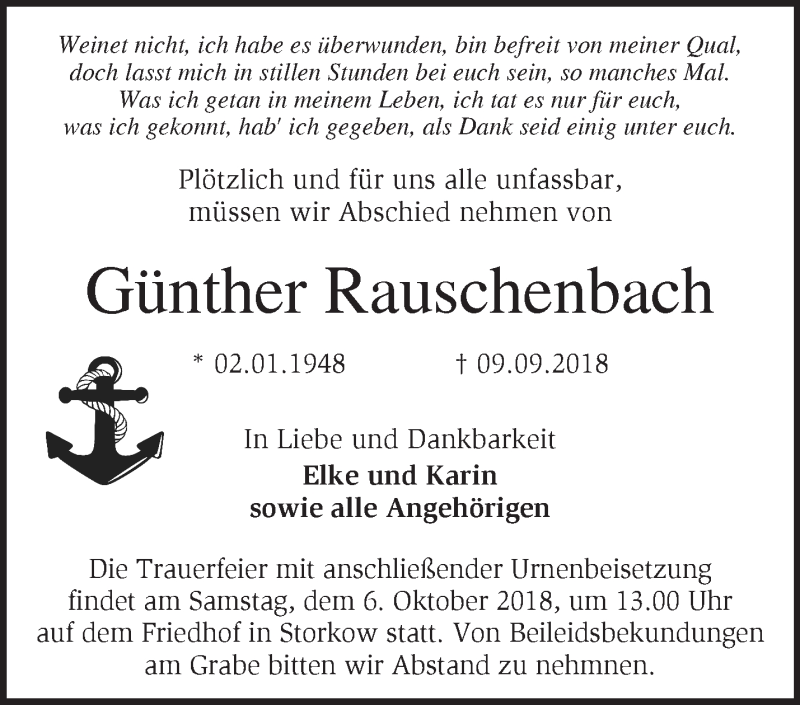  Traueranzeige für Günther Rauschenbach vom 29.09.2018 aus Märkische Oderzeitung
