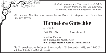 Traueranzeige von Hannelore Gutschke von Märkische Oderzeitung